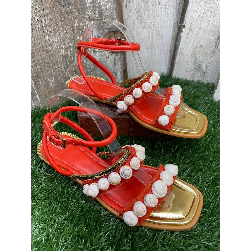 Tory Burch Sinclair Seashell Ankle-Wrap Sandal Coral Orange Red Women's 9.5M